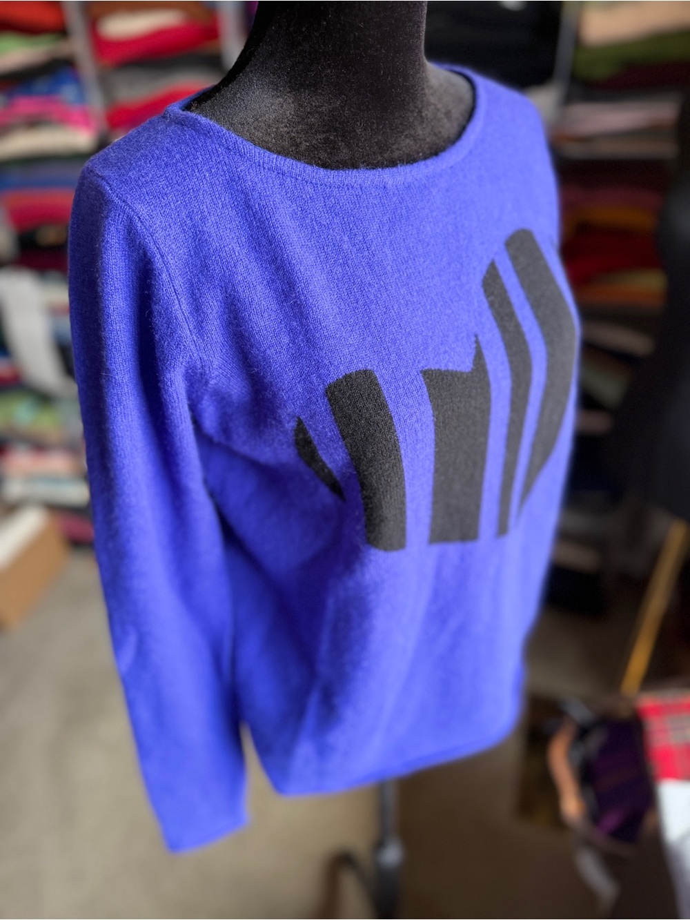 Women’s Royal Blue Crewneck Cashmere Sweater with Black Heart Graphic